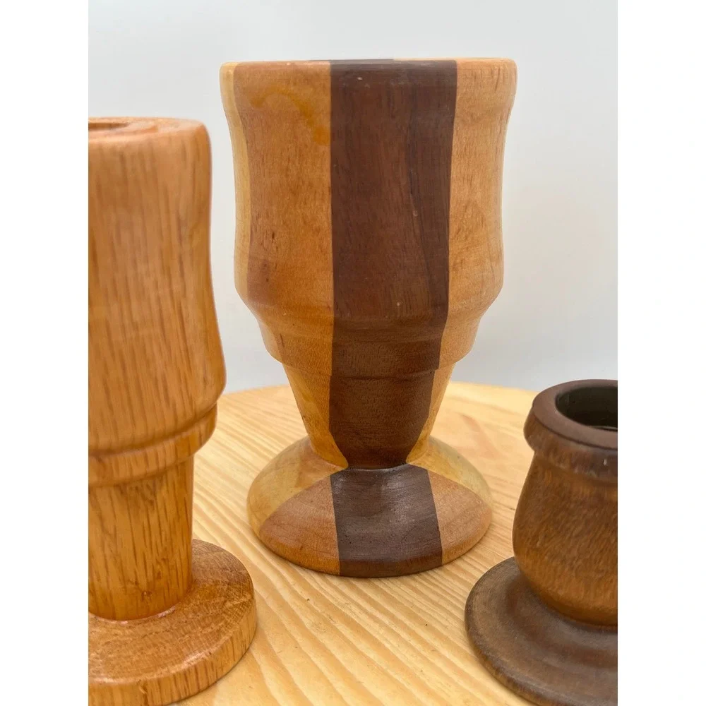 Vtg Mid Century Modern Turned Wood Candlestick Holders Set 3 minimalist